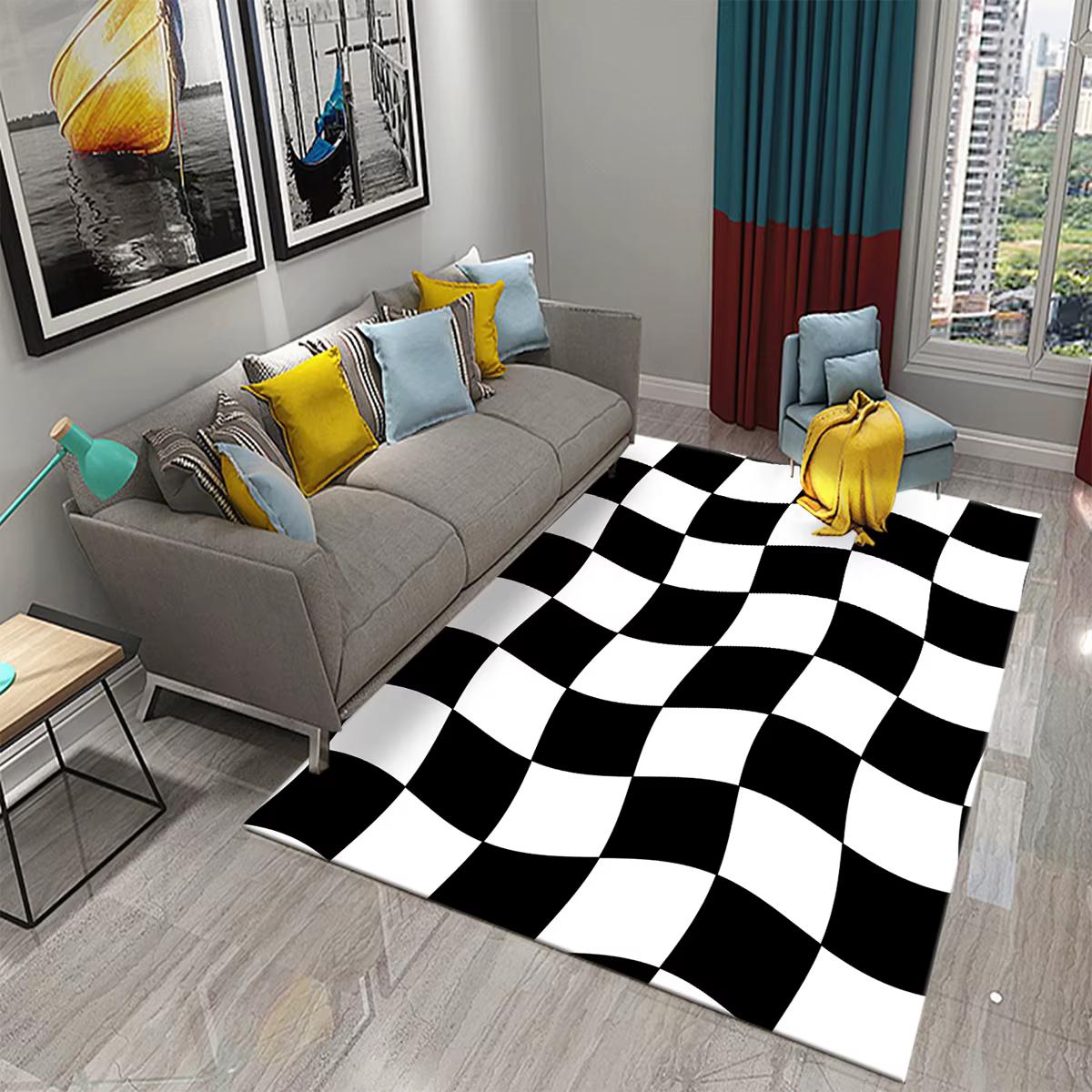 Tapis à carreaux en damier noir et blanc