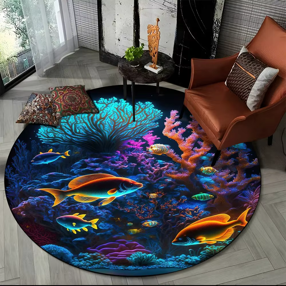 Tapis rond de dessin animé de dauphin du monde sous-marin