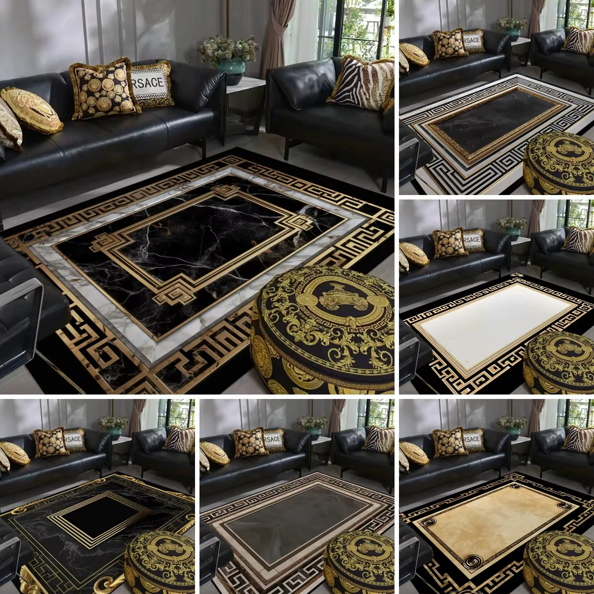 Tapis de luxe en marbre noir et or
