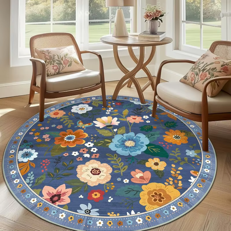 Tapis rond noir à fleurs bohèmes