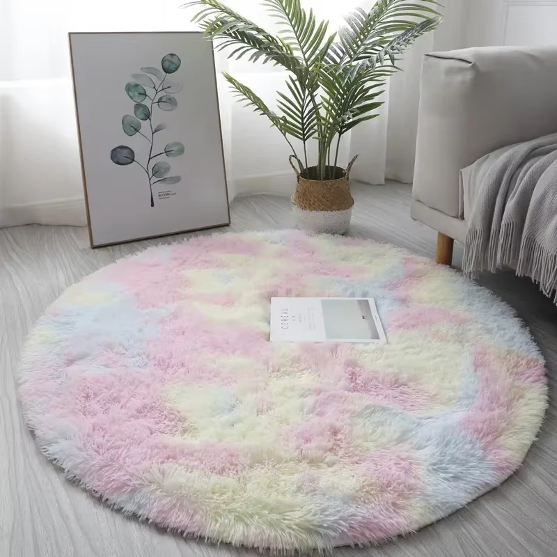 Tapis rond en peluche, tapis blanc moelleux pour salon