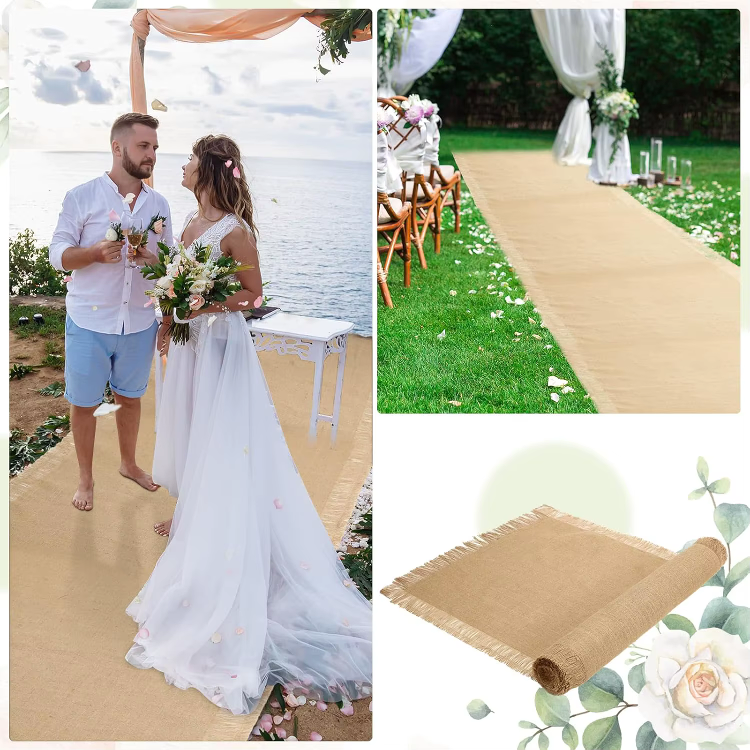 Coureurs d'allée de mariage en Jute avec bord à franges