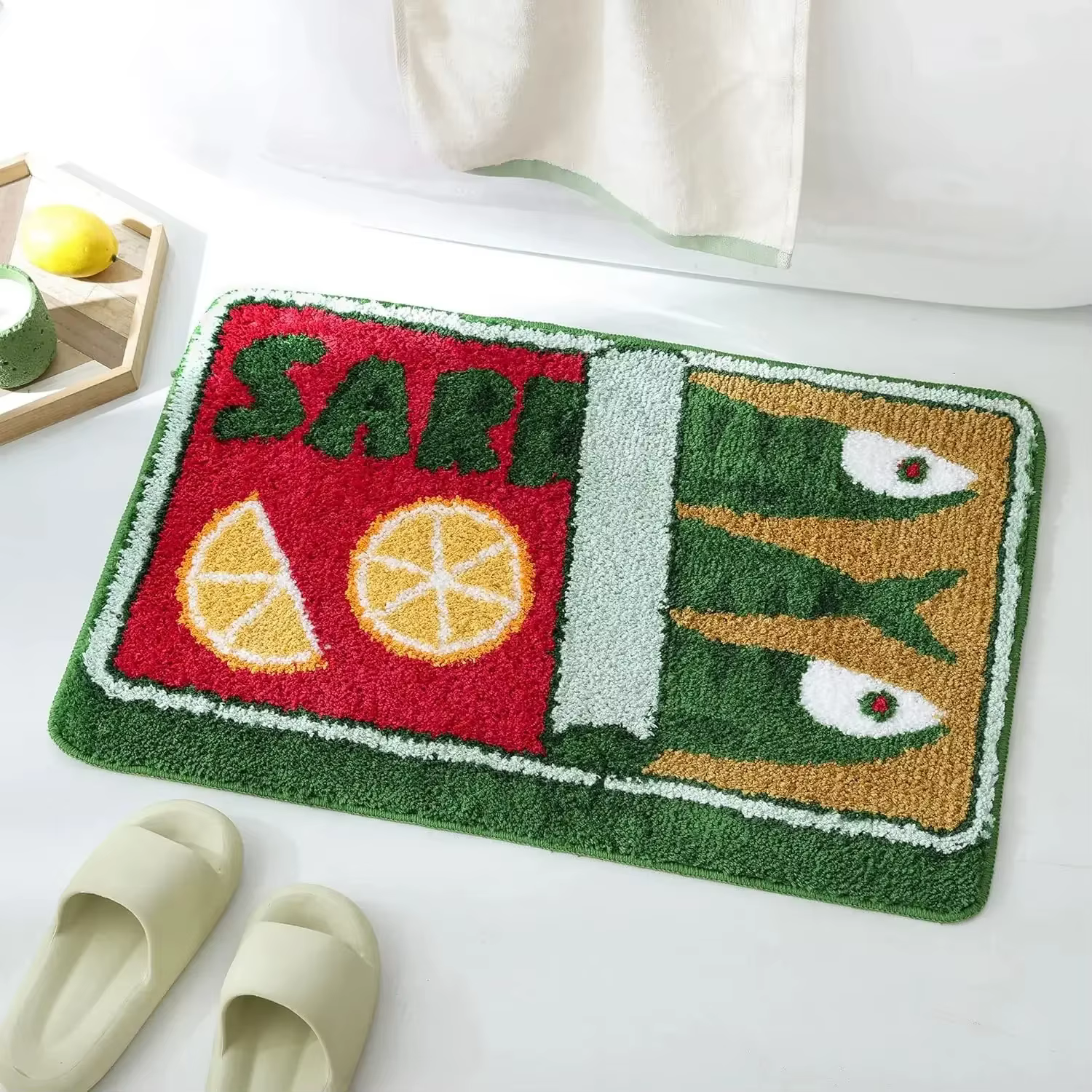 Tapis de bienvenue antidérapant en forme de boîte de conserve de sardines orange et bleue pour une décoration mignonne de cuisine et de maison