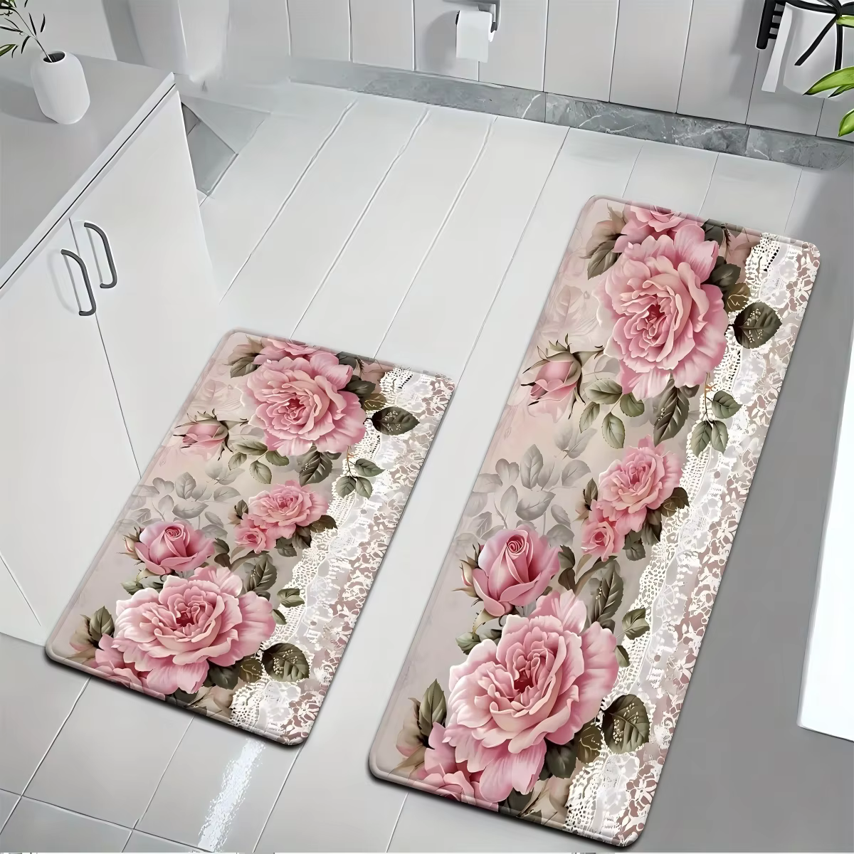 Tapis de cuisine rose style campagne française