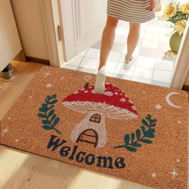 VIKAMA Tapis de bienvenue rétro à motif floral orange en fibre de coco naturelle antidérapant