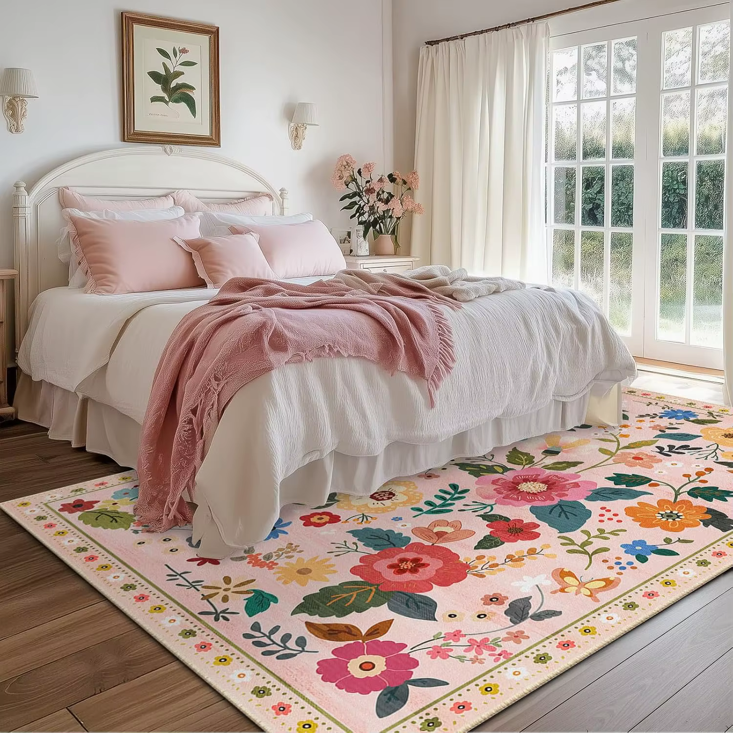 Tapis d'intérieur bohème rose à motifs floraux