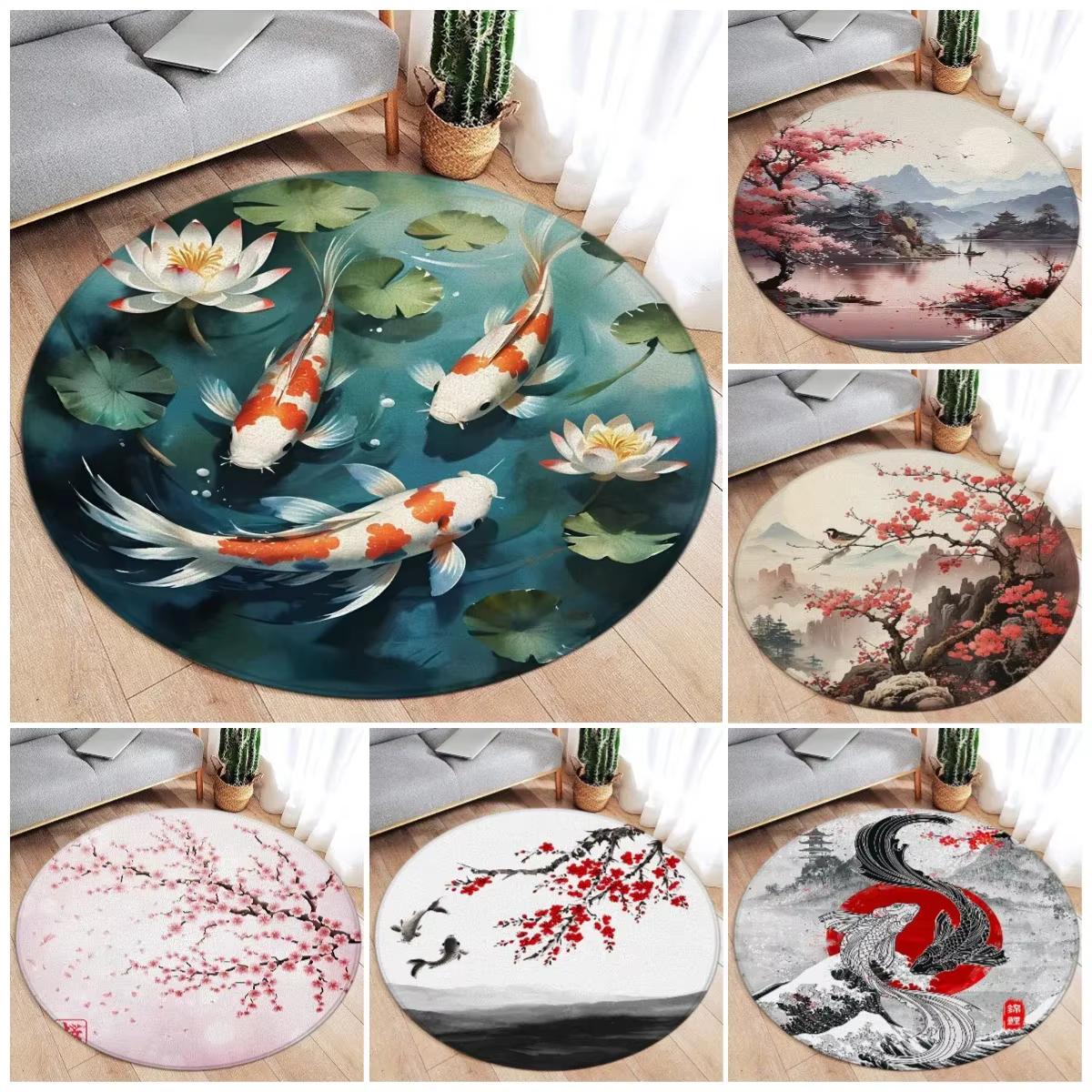Tapis de style japonais avec poissons Koi et fleurs de cerisier