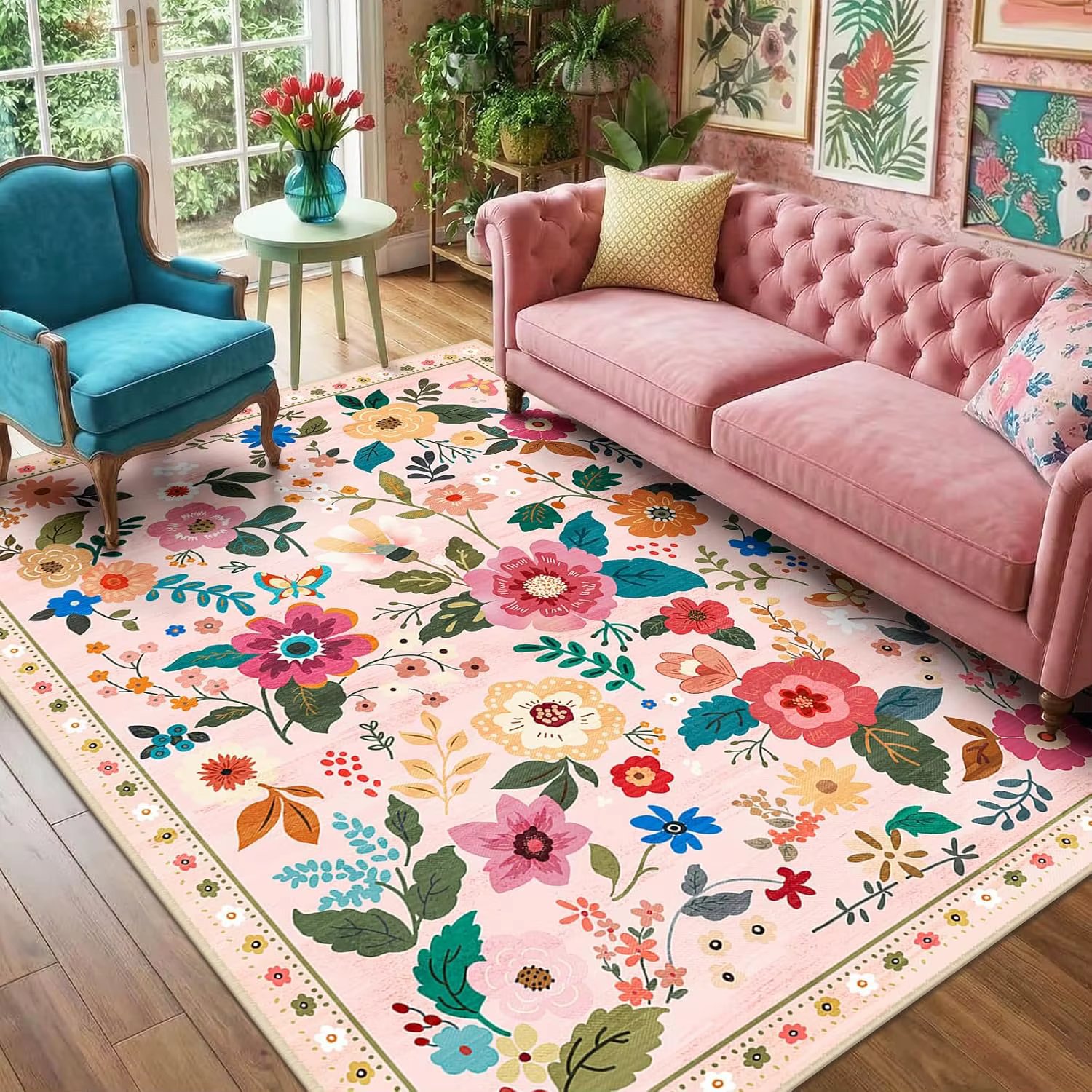 Tapis d'intérieur bohème rose à motifs floraux