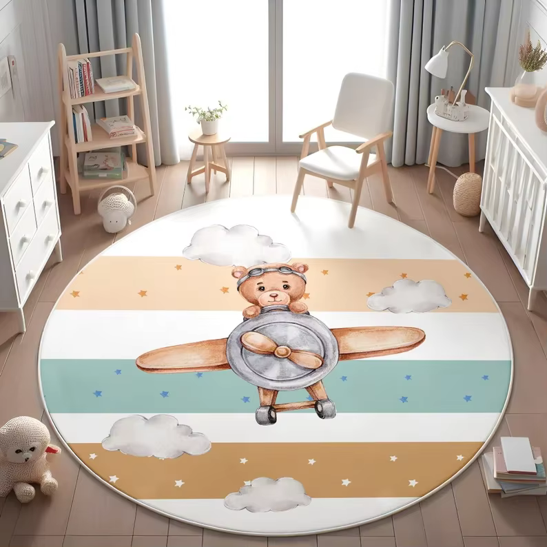 Tapis rond d'intérieur motif Ours pilote en aquarelle et Avion