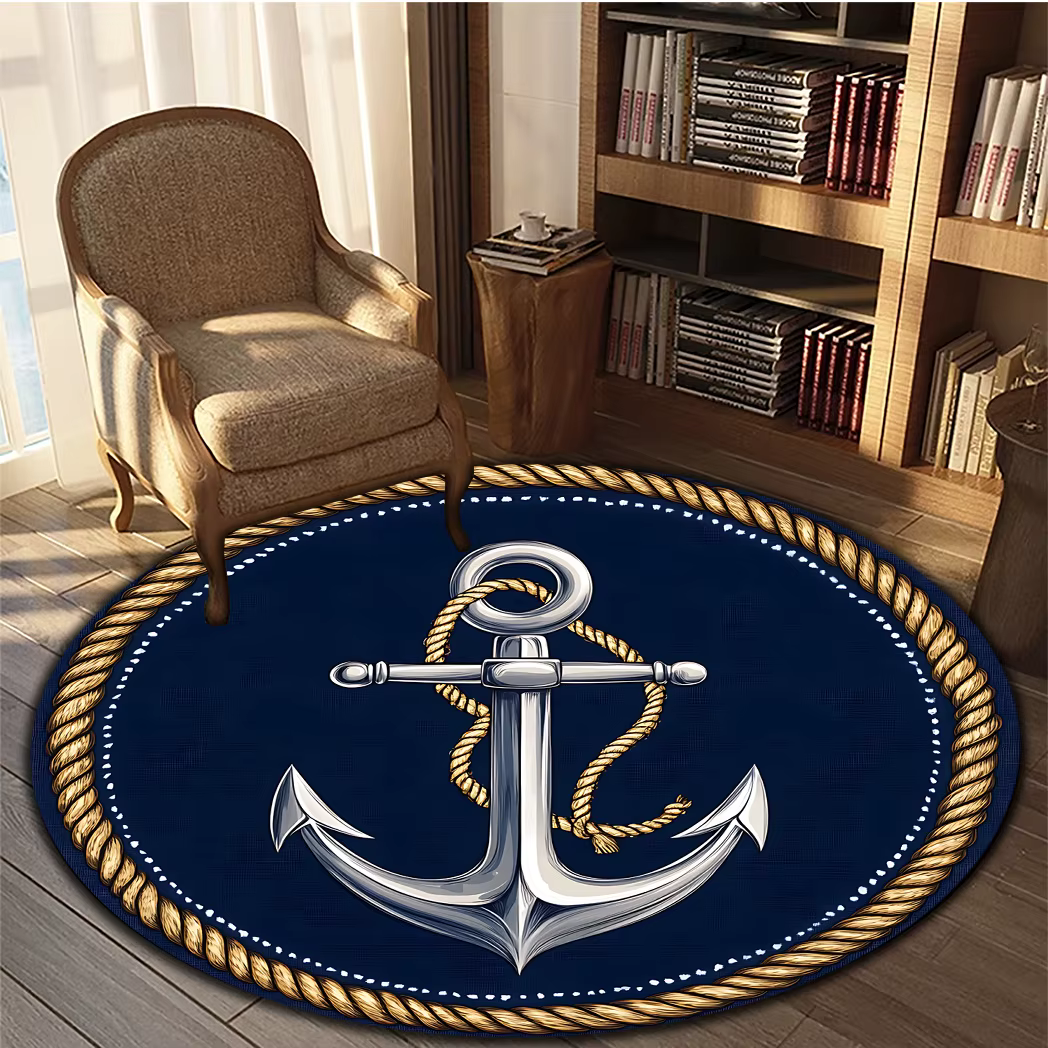 Tapis rond à motif d'ancre et de corde bleu marine