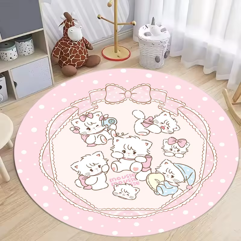 Tapis rond à pois roses avec motif de chat de dessin animé