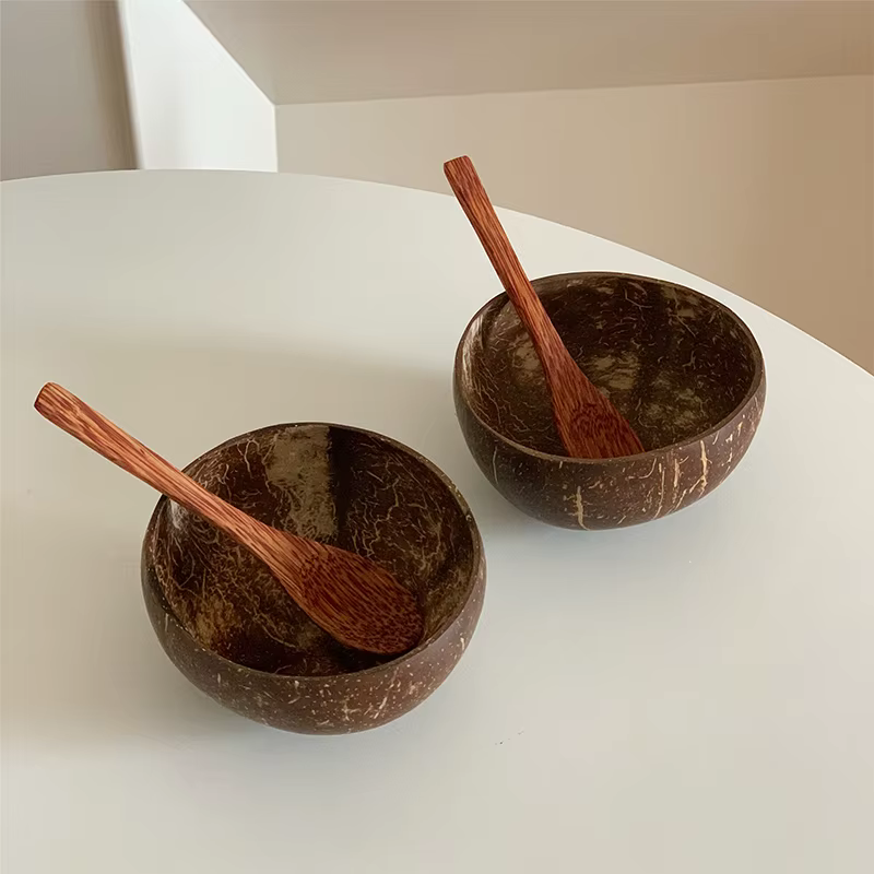 【Peace】Bol en noix de coco naturel, fait à la main, en bois, pour manger, vaisselle, fourchette, cuillère pour dessert, salade de fruits, mélange de riz