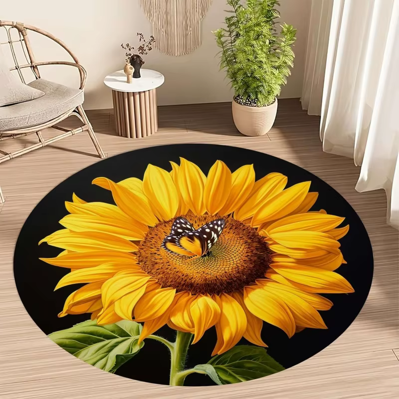 Tapis rond d'extérieur rose rétro à rayons de soleil