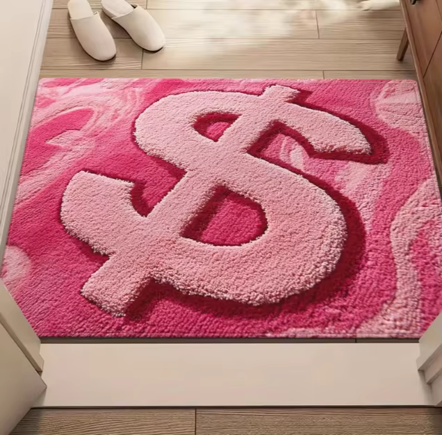 Tapis décoratif rose avec signe dollar, antidérapant et absorbant, idéal pour les entrées de chambre et de salon, design rose vif