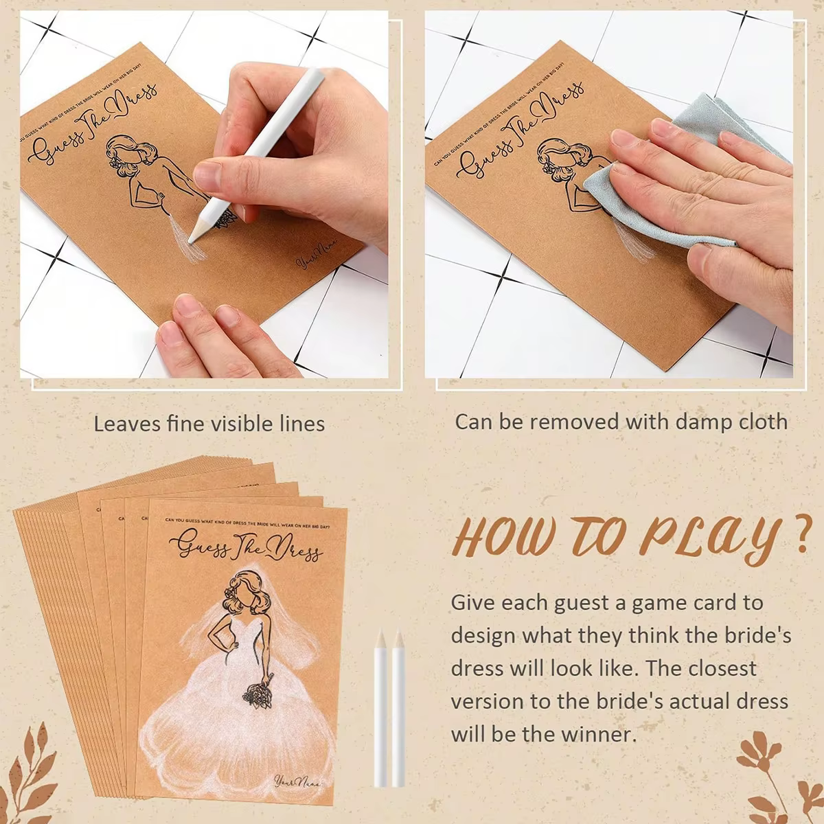 10 jeux de devinettes sur le thème de la robe pour la fête prénuptiale, incluant des cartes de jeu et des crayons solubles dans l'eau, fournitures amusantes pour mariage