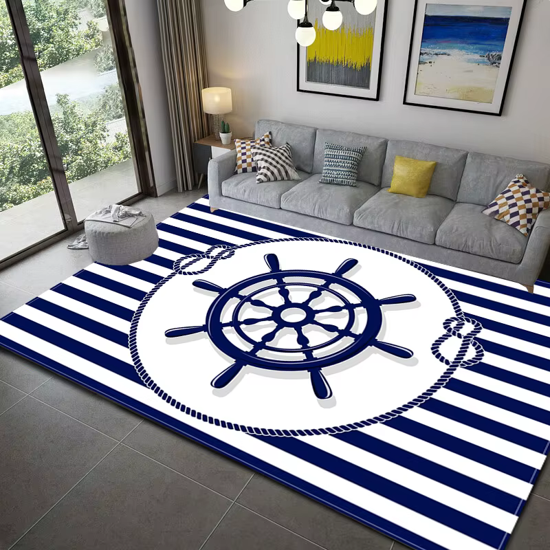 Injecteur de zone de phare d'océan à rayures bleues foncées, tapis de bateau, polymère de sol, tapis doux, salon, HOKitchen