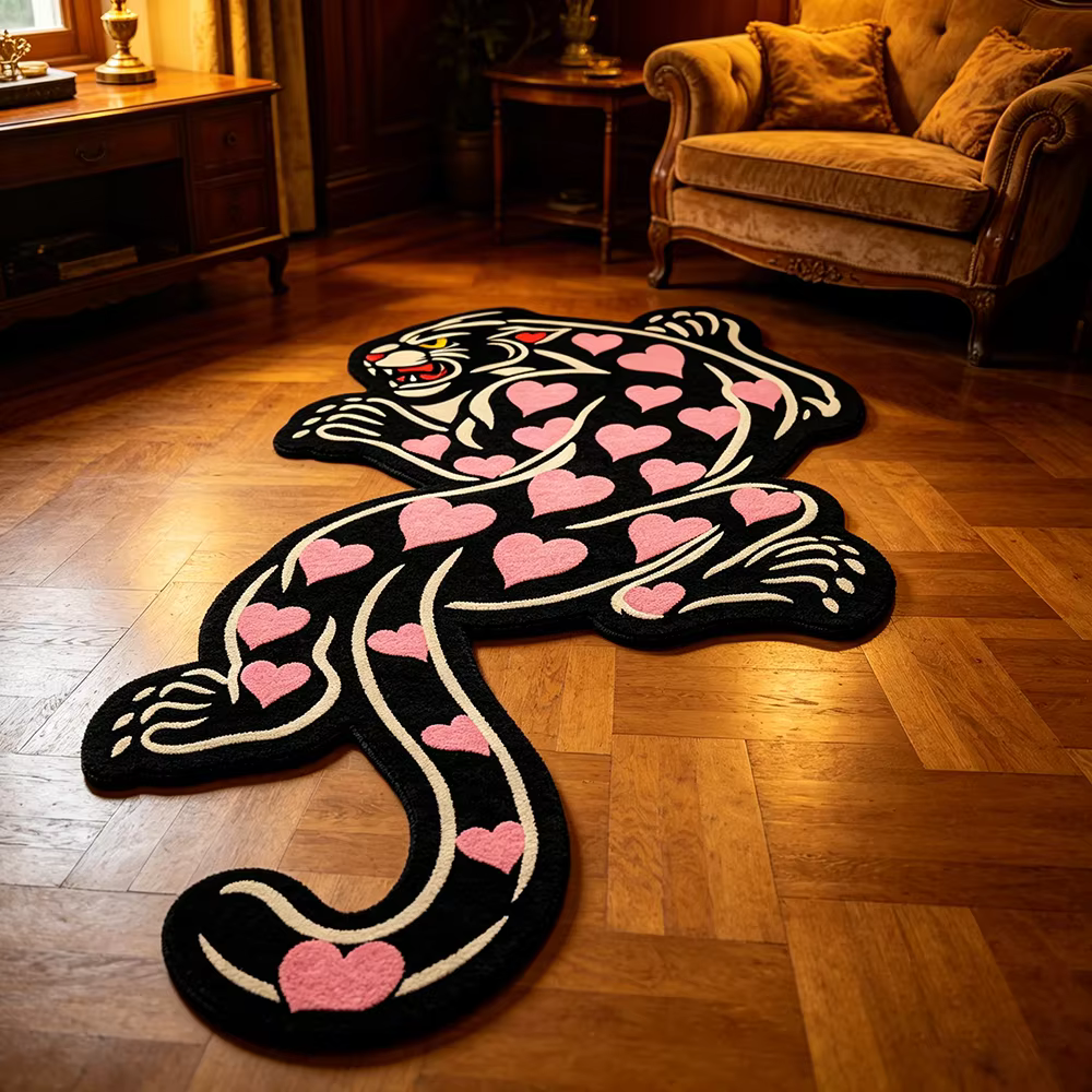 Tapis rose léopard de forme irrégulière