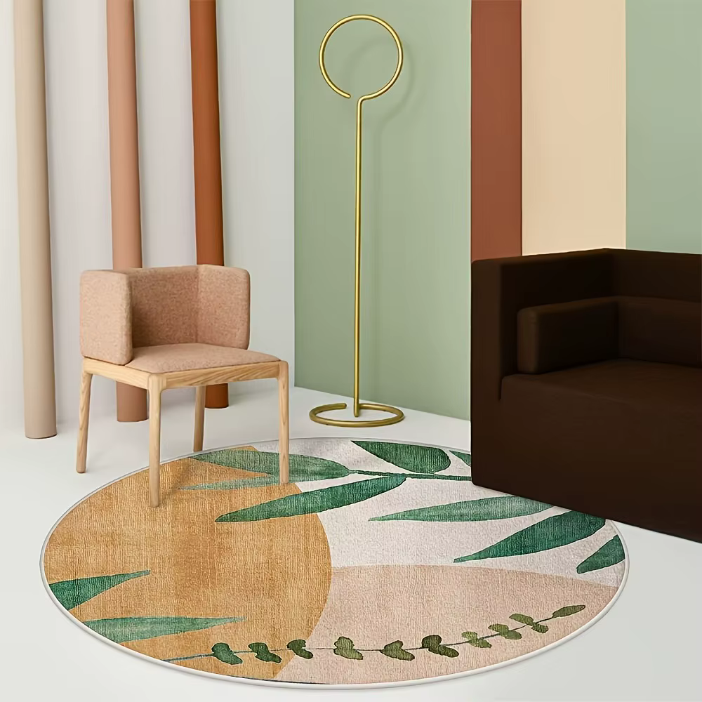 Tapis rond à motif de feuilles beiges – Tapis en peluche douce