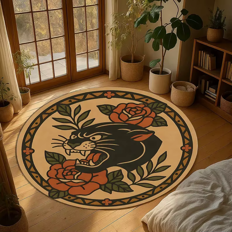 Tapis rond à motif de tatouage léopard de Style rétro
