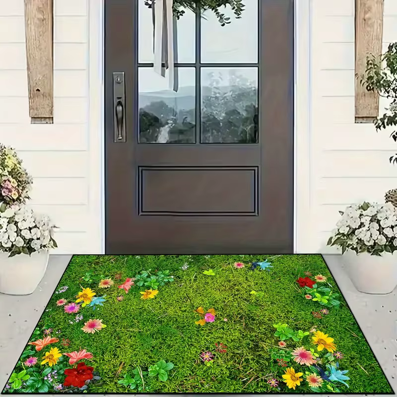 Paillasson d'entrée antidérapant avec motif floral multicolore sur fond vert