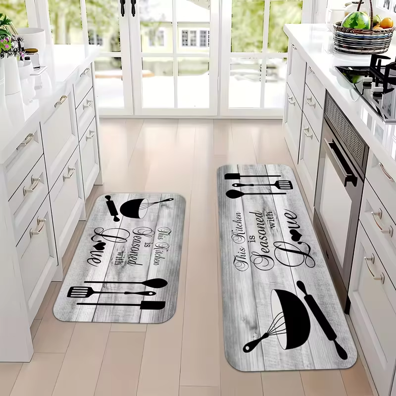 Tapis de lettres de cuisine à grain de bois gris