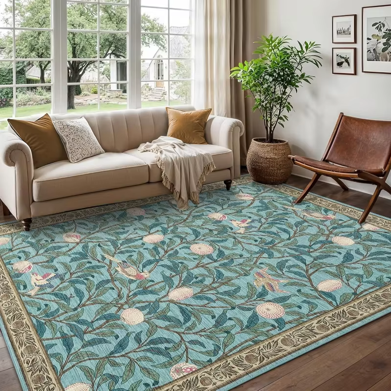 Tapis de salon bohème beige motif plante et oiseau