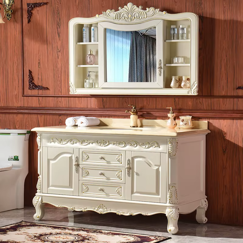 Armoire de salle de bain de Style européen, meuble de luxe léger en bois de chêne massif, lavabo du sol au plafond, Pot de Table en marbre, combinaison de bain