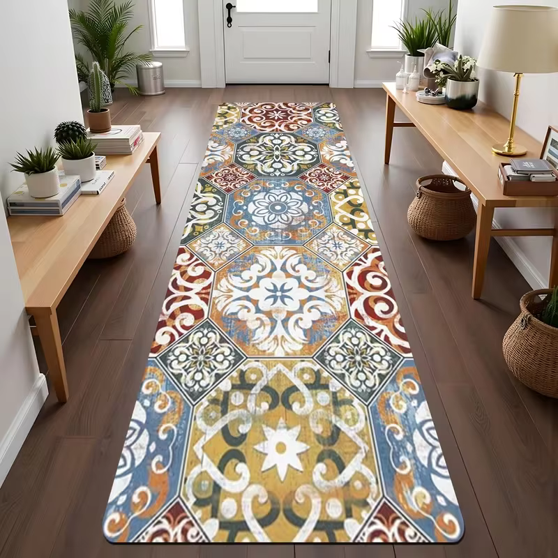 Tapis de couloir bohème à imprimé floral géométrique