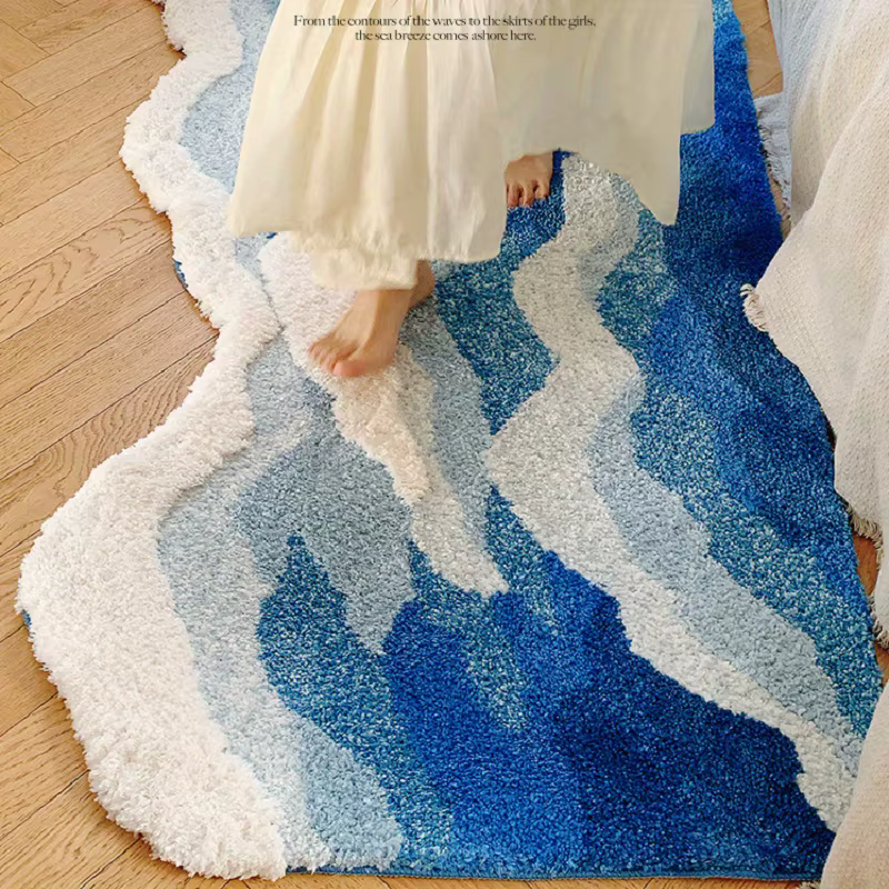Tapis floqué vague de mer bleue