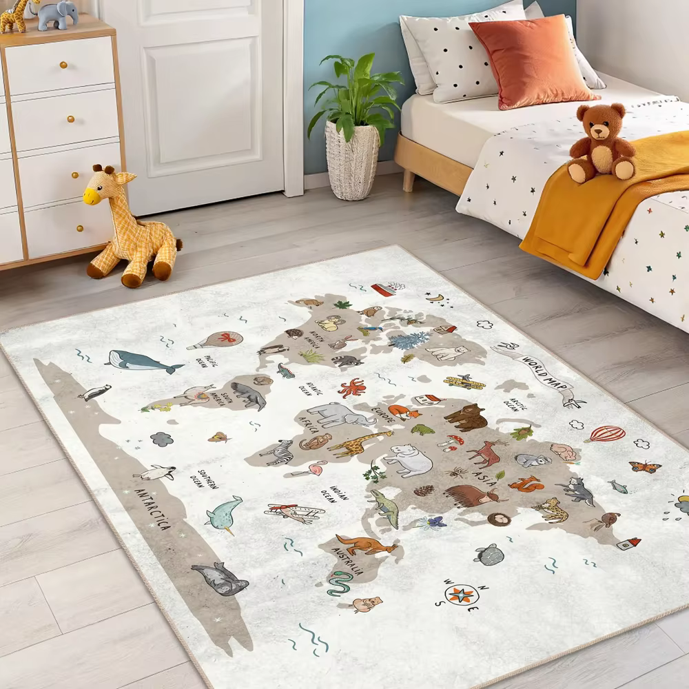 Tapis de carte du monde avec animaux de dessin animé