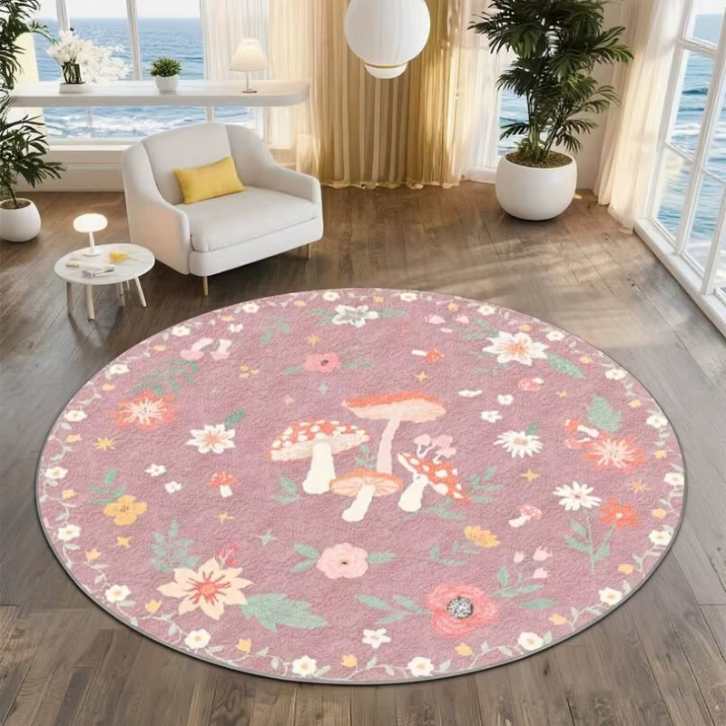 Tapis rond beige clair à motif floral Pastel Branch