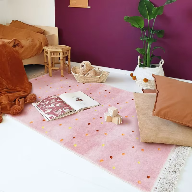 Tapis rond en peluche avec pompon pour salon