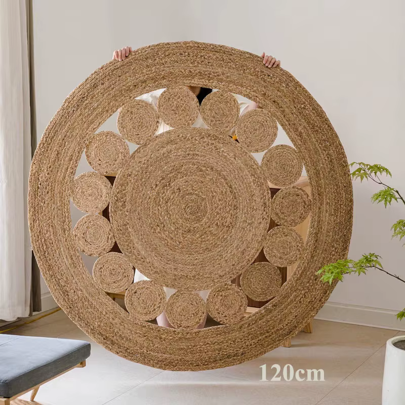 Tapis Rond Tissé en Polymère et Rotin Naturel
