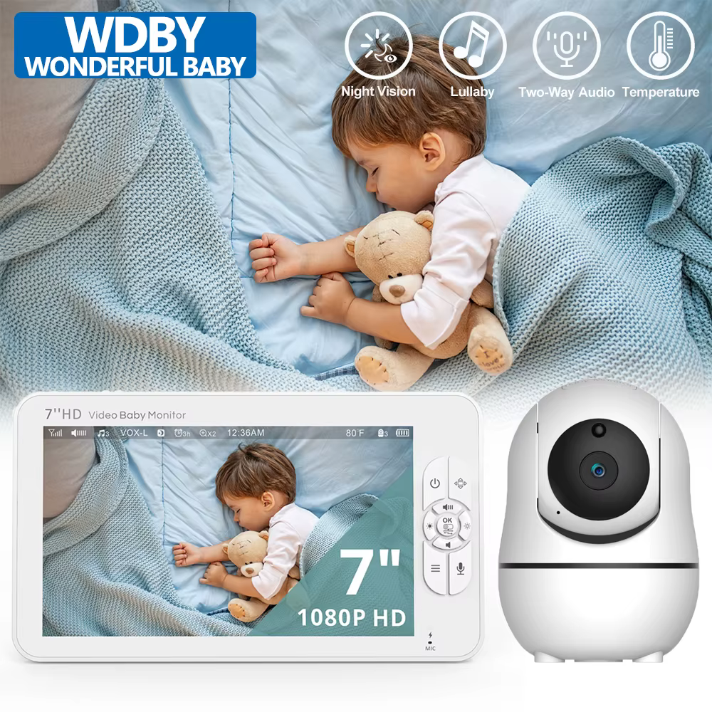 Moniteur vidéo pour bébé de 7,0 pouces, avec caméra PTZ à zoom 4X, écran partagé HD, audio bidirectionnel, vision nocturne IR, batterie 4000mAh, SM70 Baby Nanny