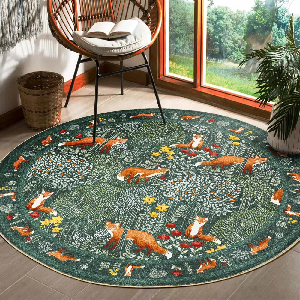 Tapis rond Forêt des Renards avec Renards Roux Oranges