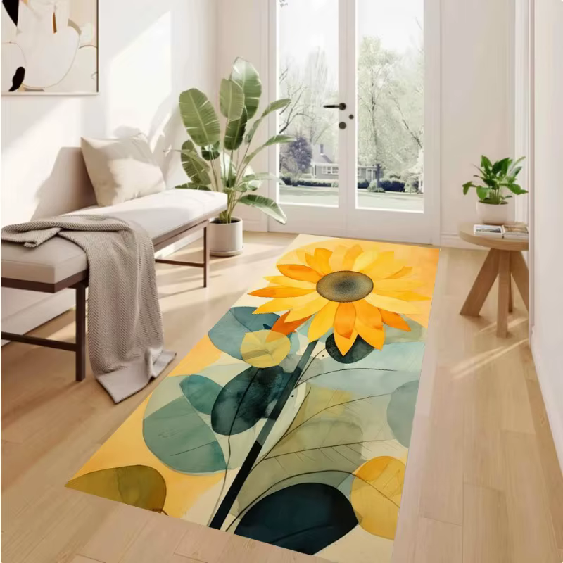 Tapis long antidérapant en toile aquarelle motif marguerite blanche et jaune