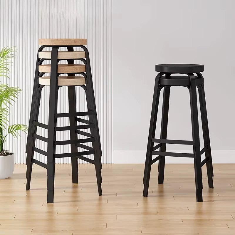 Tabouret de Bar empilable en bois massif, repose-pieds haut pour la maison, chaise de Bar KTV, comptoir de magasin de thé au lait, tabouret rond avec panneau de siège en bois