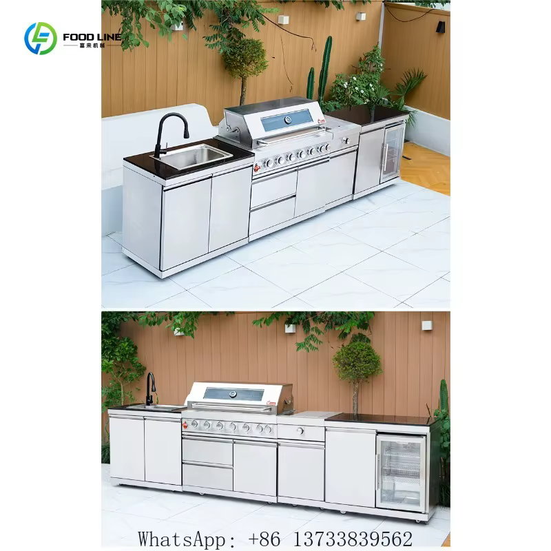 Cuisine extérieure personnalisée, armoire de barbecue professionnelle en acier inoxydable imperméable avec grill à gaz, réfrigérateur, évier