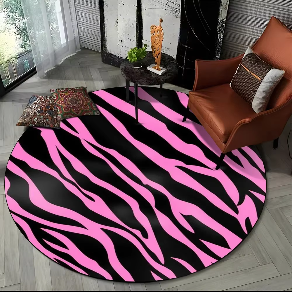 Tapis rond imprimé à rayures zébrées roses