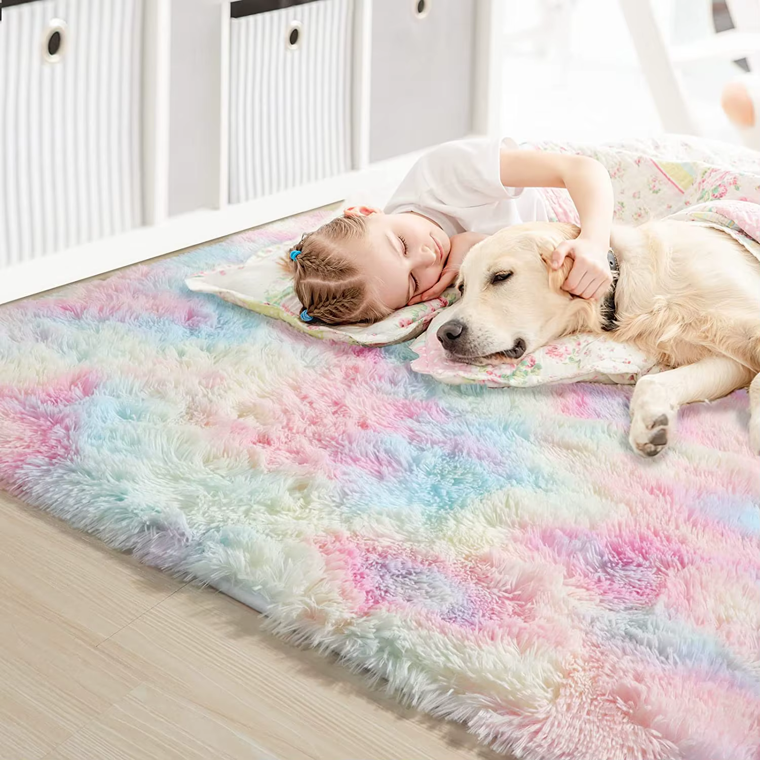 Tapis arc-en-ciel poilu pour chambre d'enfants