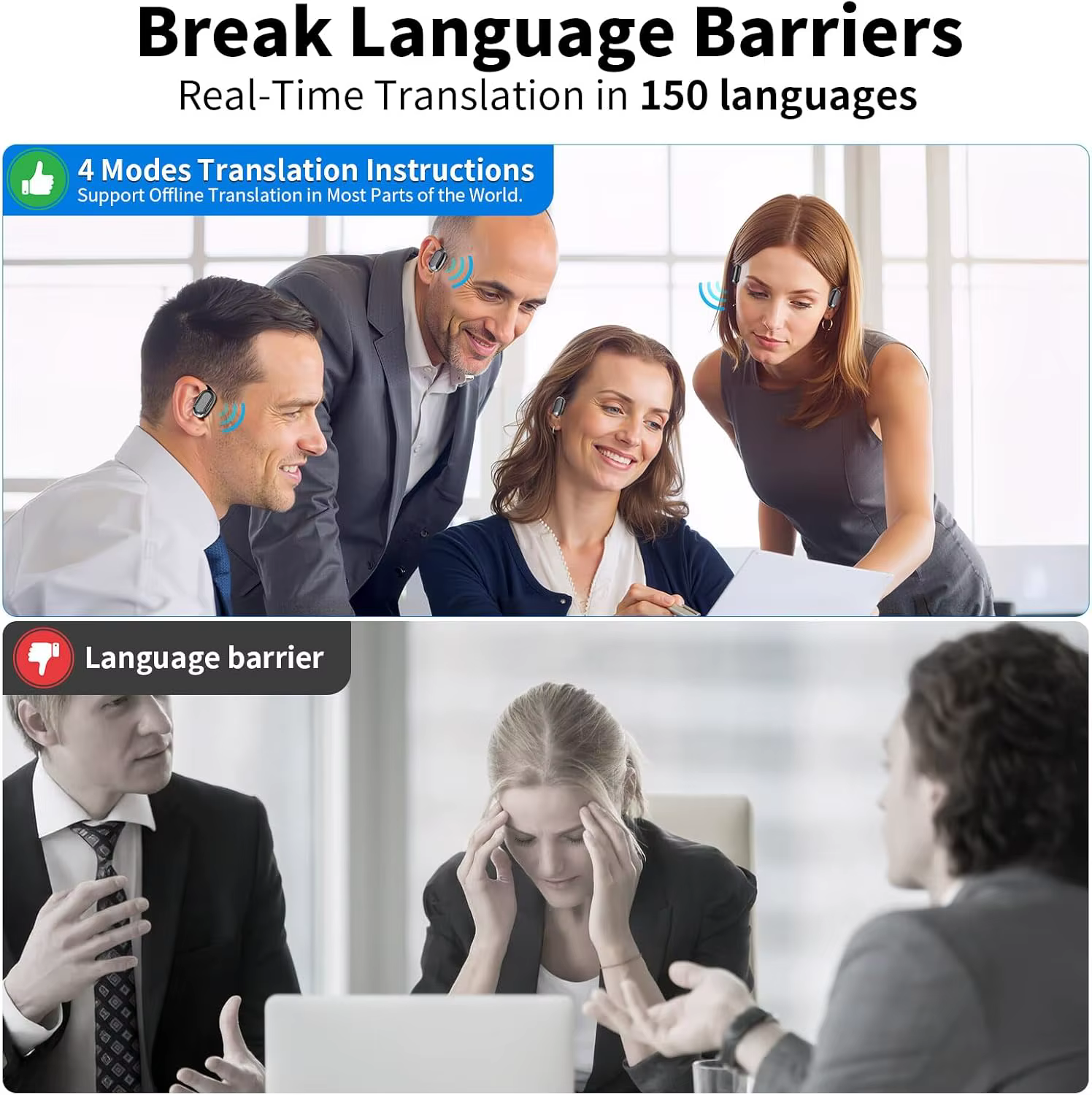 Écouteurs Traducteurs 138 Langues, Traduction IA en Temps Réel, Écouteurs Ouverts avec 90H d'Autonomie pour Voyages et Affaires