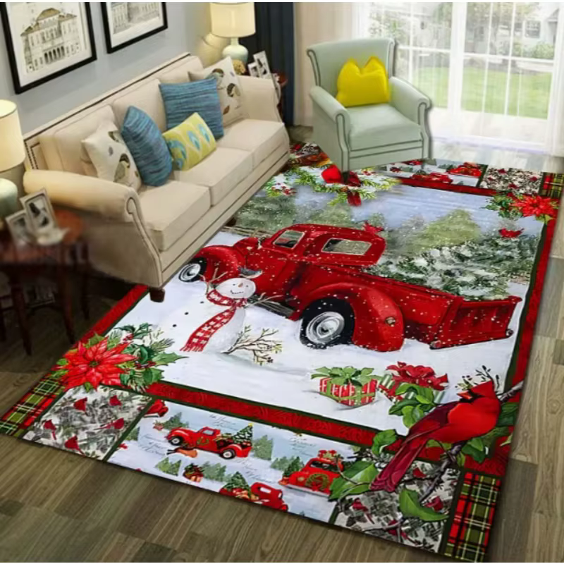 Tapis de sol de Noël rouge avec motif de camion et sapin de Noël