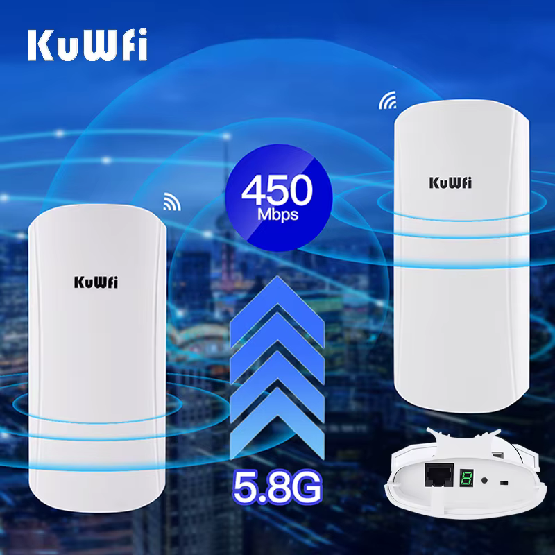 Pont sans fil extérieur KuWFi 450 Mbps – Répéteur WiFi longue portée 5,8 GHz avec antenne à gain élevé de 12 dBi, prend en charge le mode AP/Point d'accès