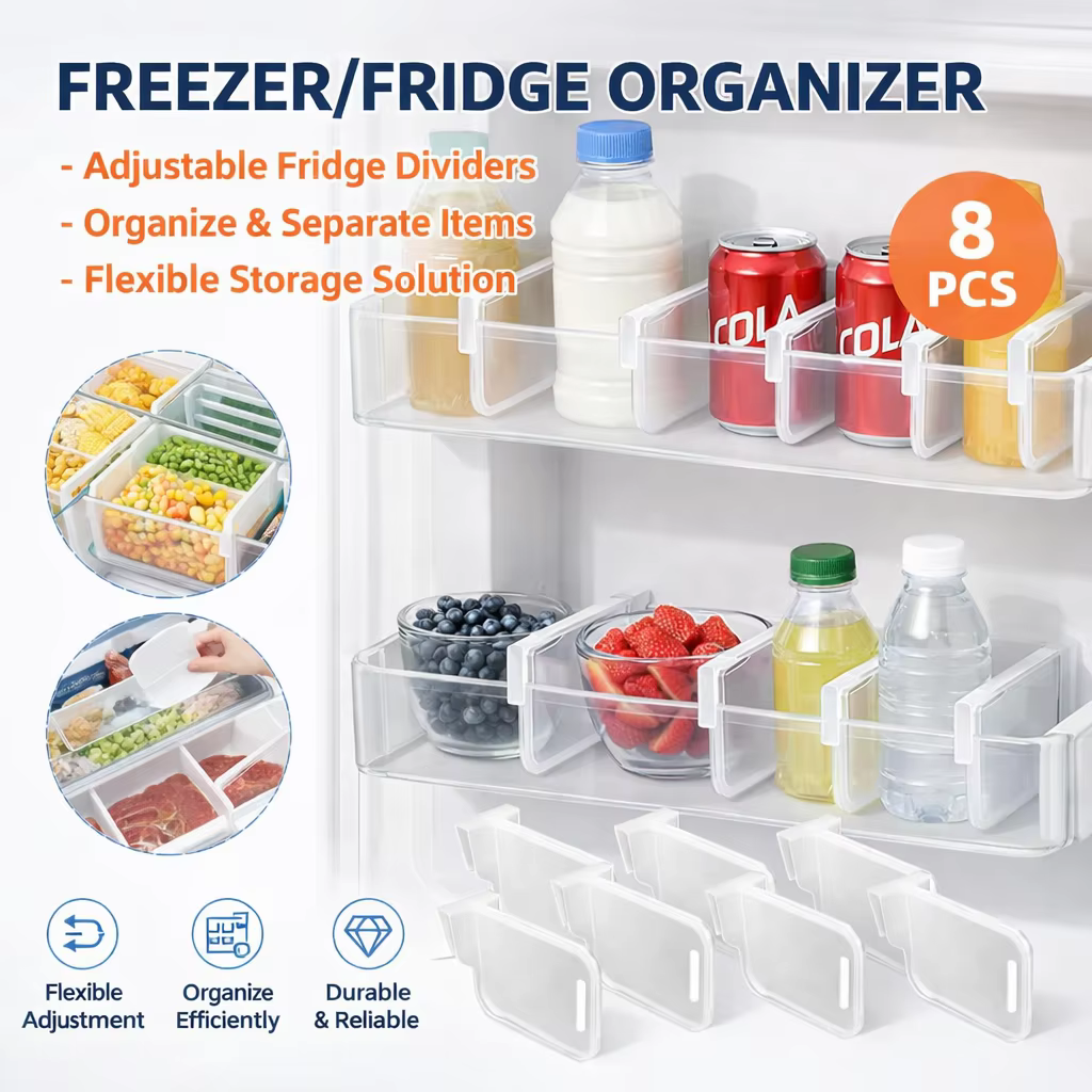 Planche de séparation de rangement pour réfrigérateur – Organisateur peu encombrant réglable et antidérapant pour bouteilles, canettes et étagères de cuisine