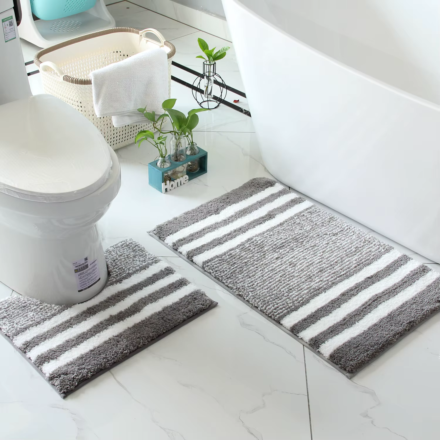Ensemble de tapis de salle de bain rayé en microfibre