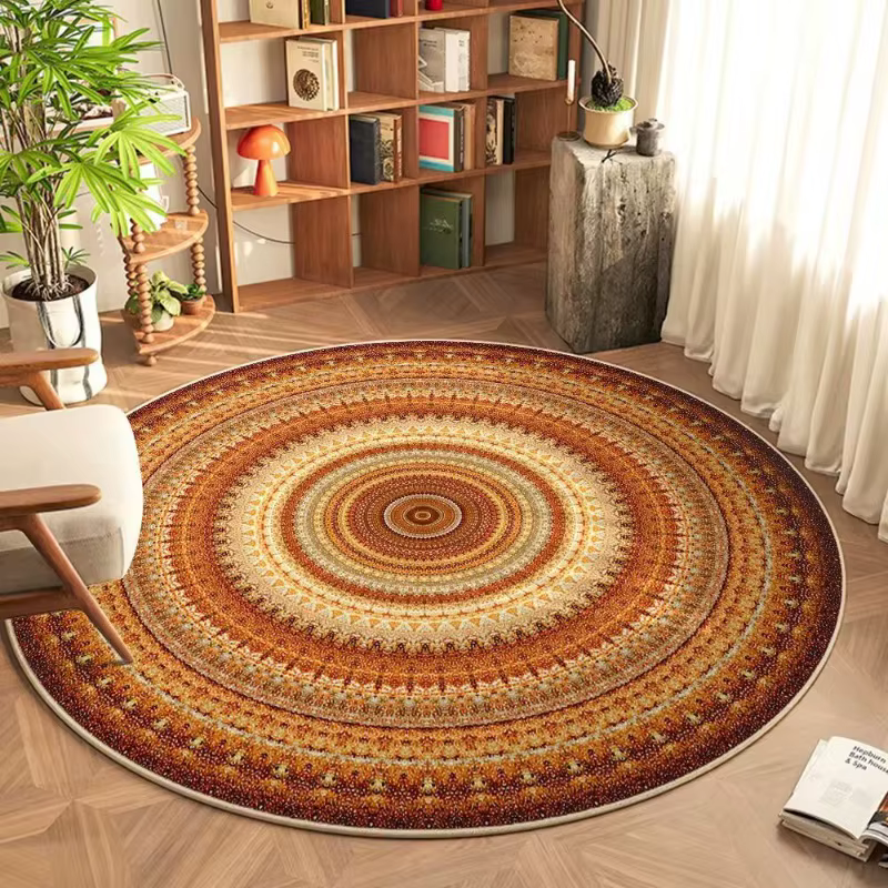 Tapis rond bohème coloré Mandala Design Orange marron Beige tons motif ethnique