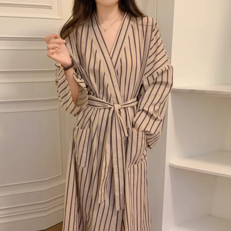 Peignoir pour femme : Robe kimono rayée à manches longues toutes saisons – Pyjama et vêtements de détente amples, décontractés, de style rétro
