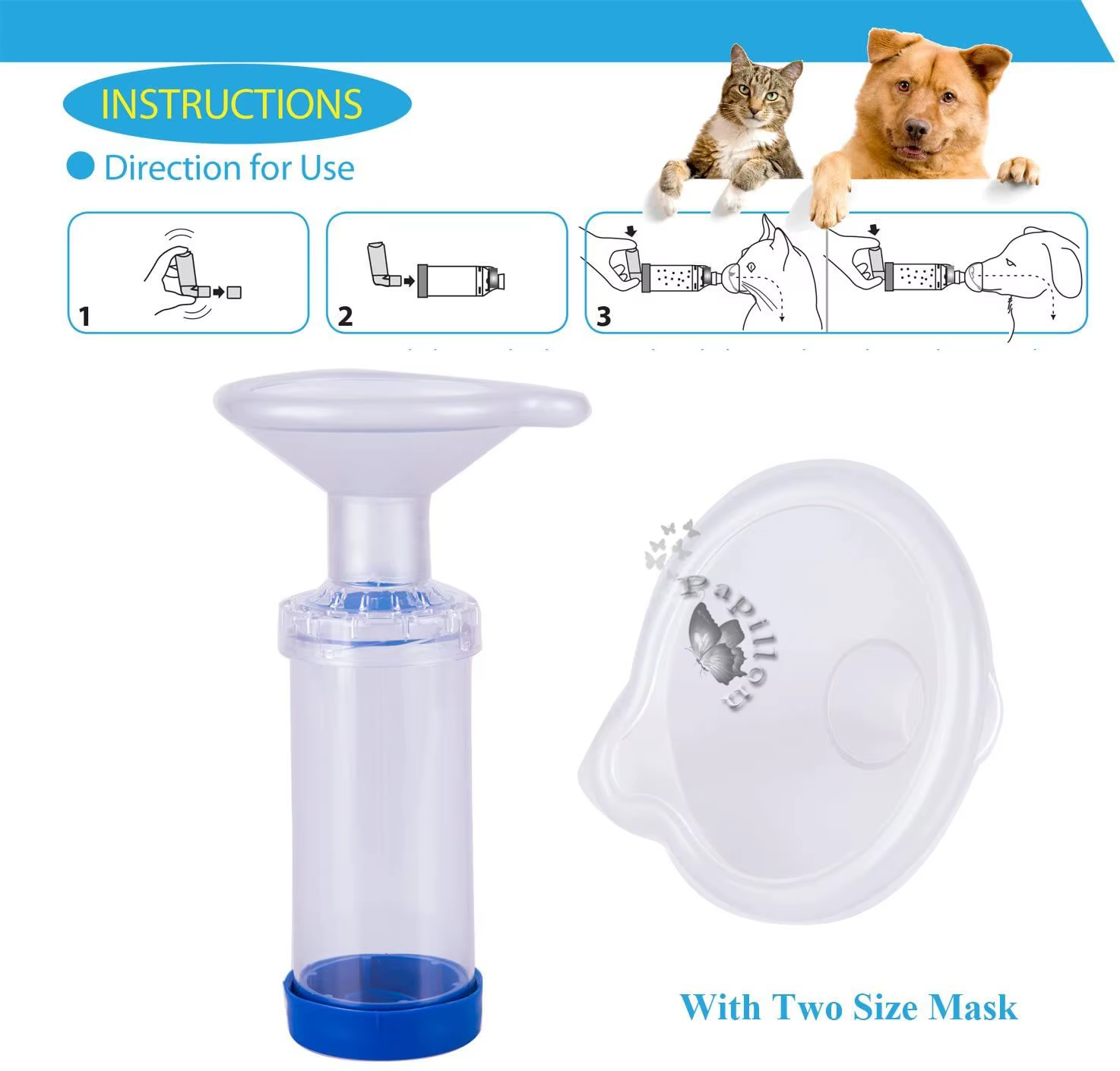 Inhalateur de chambre à aérosol pour chiens et chats, adultes et enfants, félin et canie, livré avec un masque de 3 tailles et des instructions