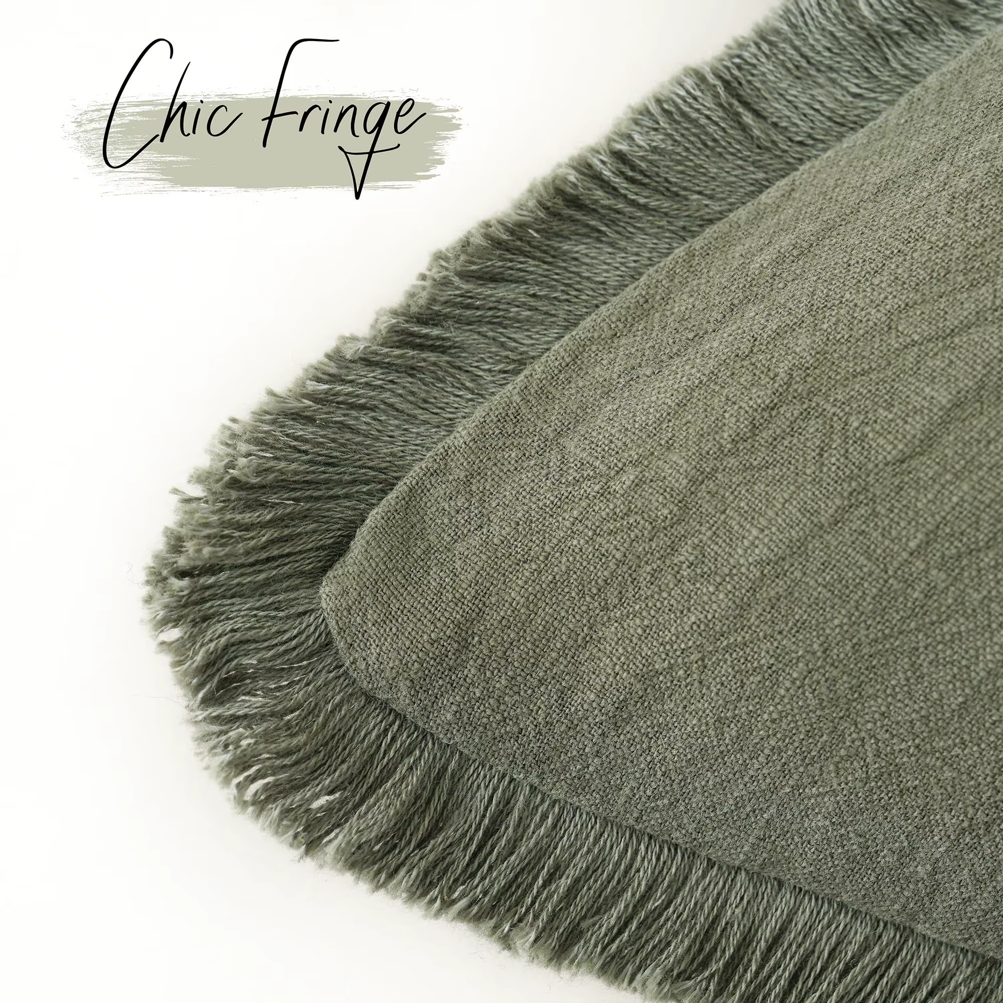 Housse de coussin lombaire décorative en lin vert olive avec franges et pompons