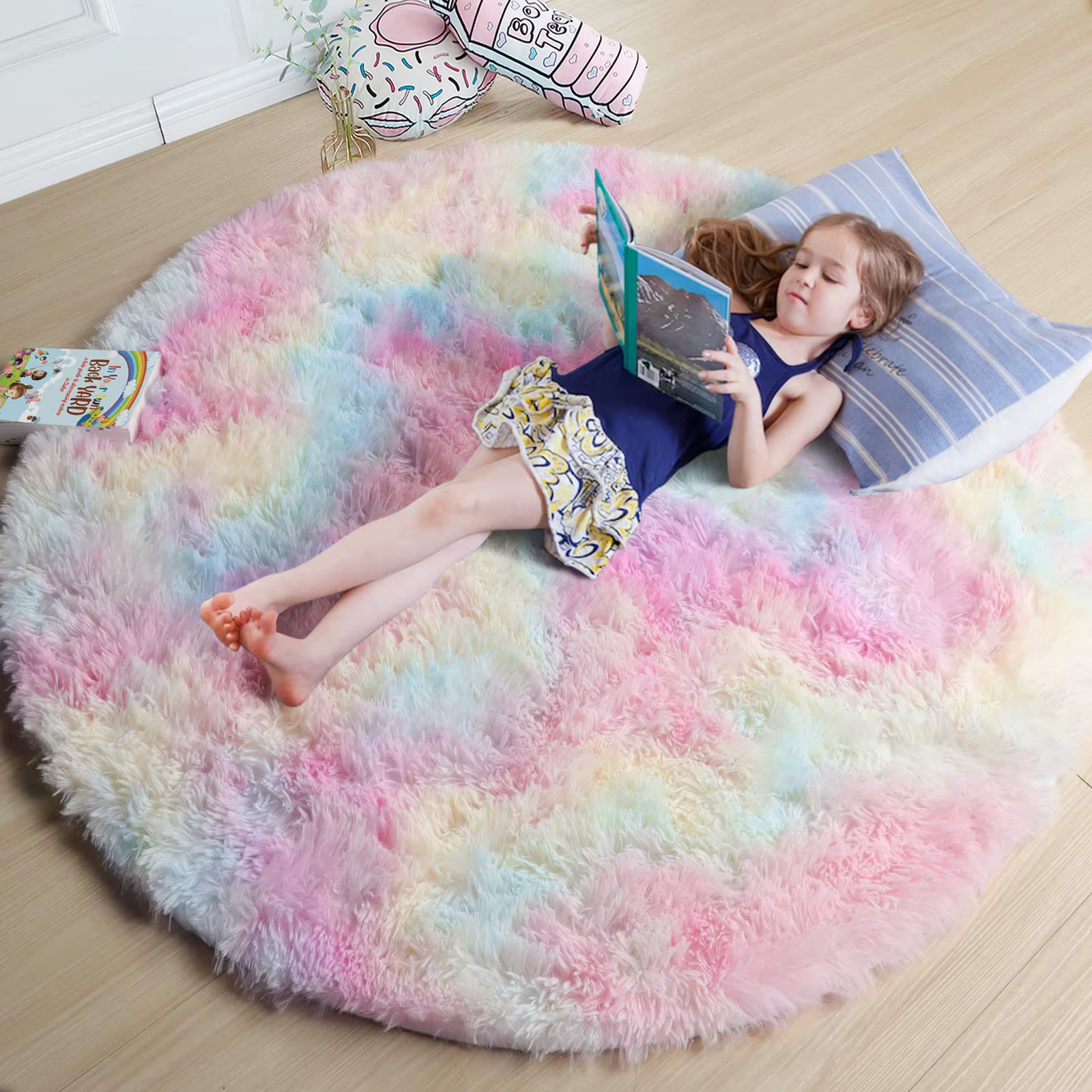 Vikama arc-en-ciel moelleux tapis rond pour filles chambre décor à la maison coloré Pastel Shag cercle doux mignon flou